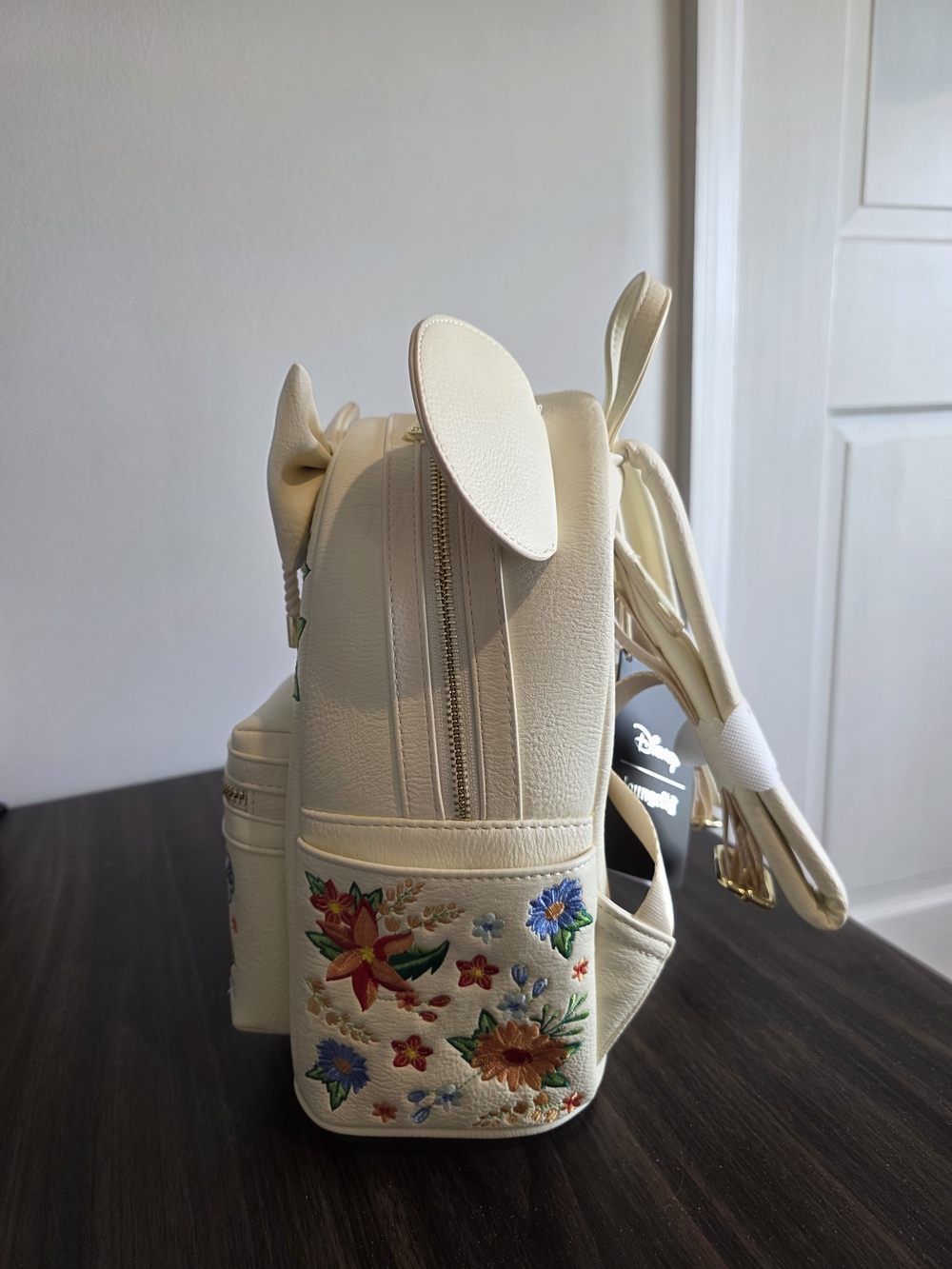 Loungefly Disney Cream Floral Embroidered Mini Backpack with Bow Ears - Picture 2 of 12